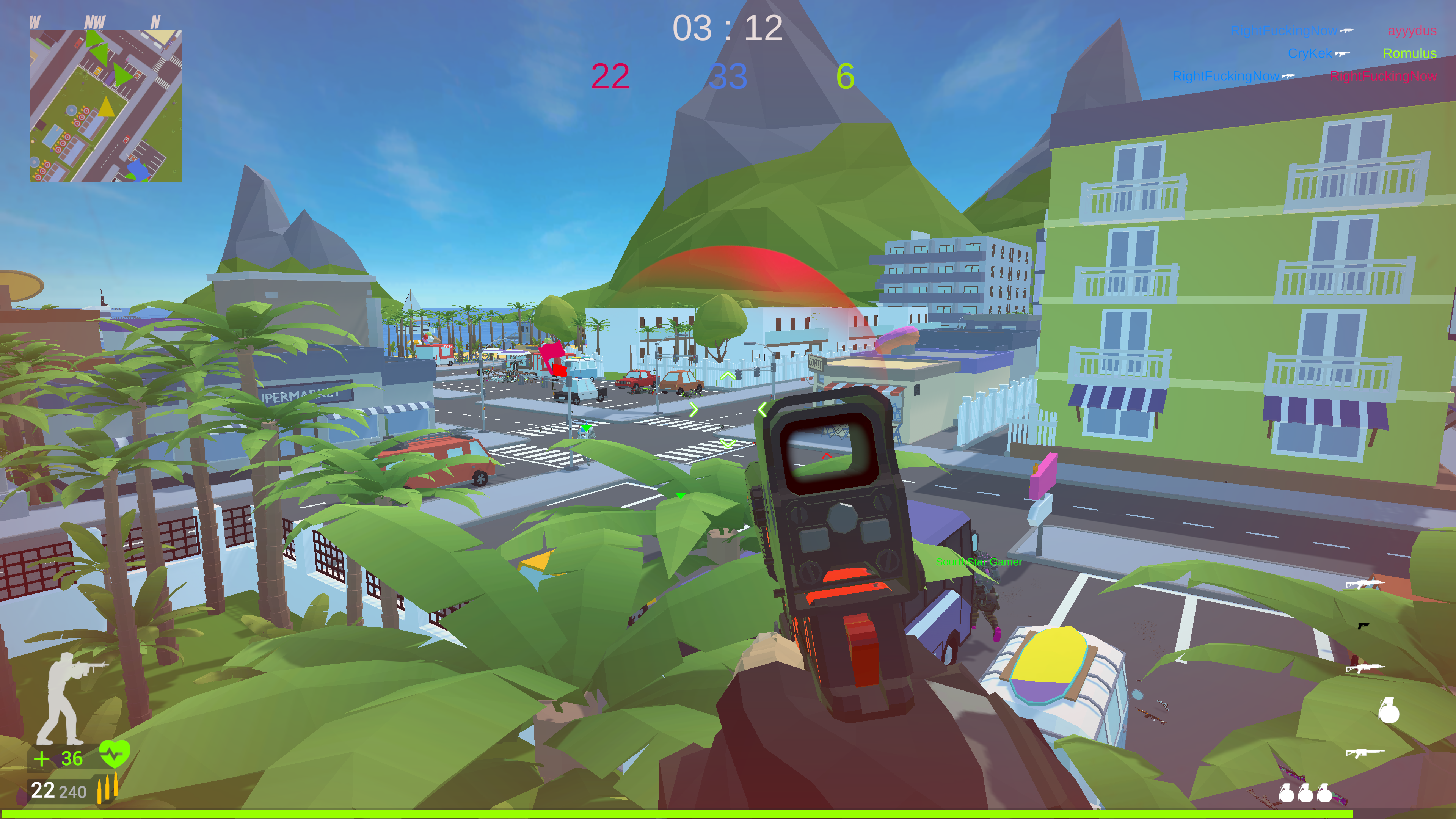 Elevated first-person firefight over Tropical City